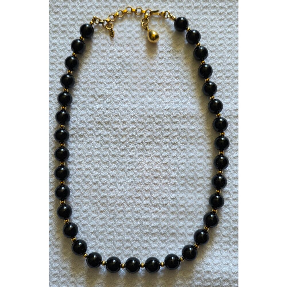 Monet Black Bead Necklace Gold Tone Classic Adjustable 16-18"